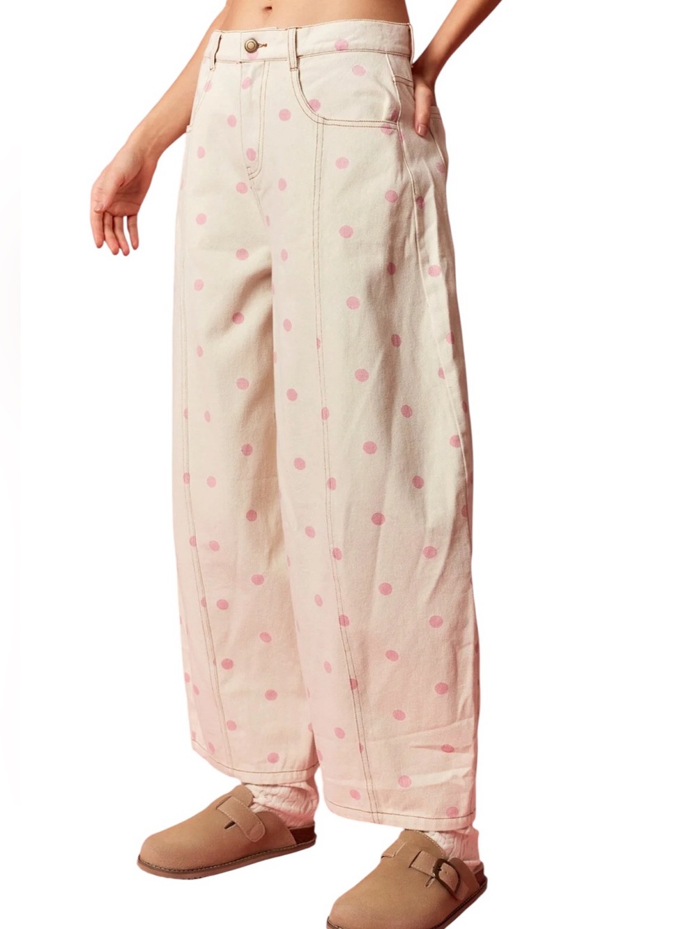 NEW Peach Love Barrel Jeans L Baggy Wide Leg Campus Closet Polka Dots - Picture 12 of 12